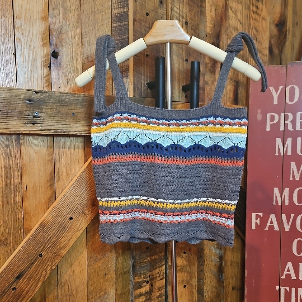262 POL Gray Crochet Crop Top with Multicolor Stripes